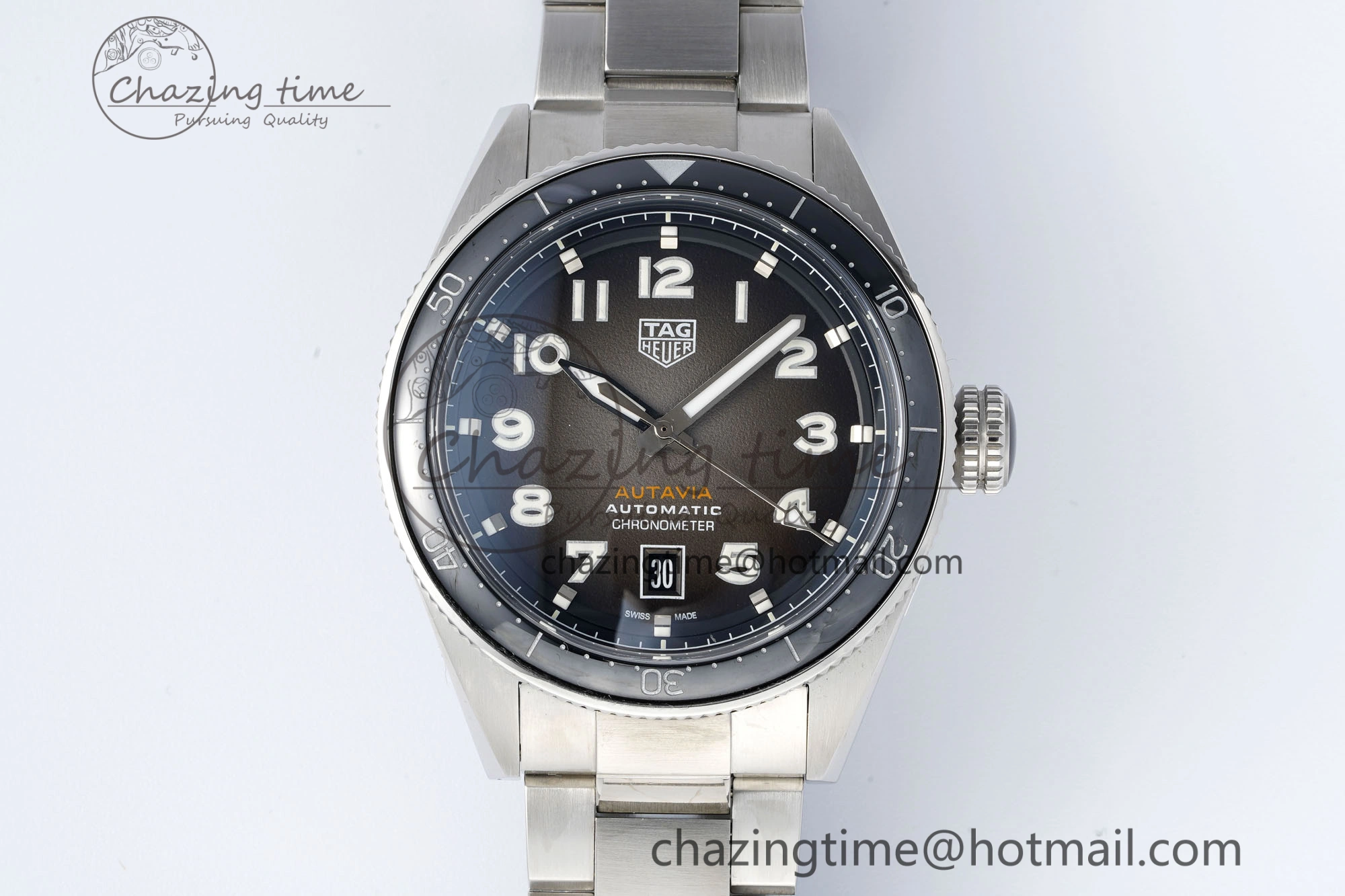 Classic Autavia SS 42mm TARF 1:1 Best Edition Gray Dial Black Ceramic Bezel on SS Bracelet SW 9656
