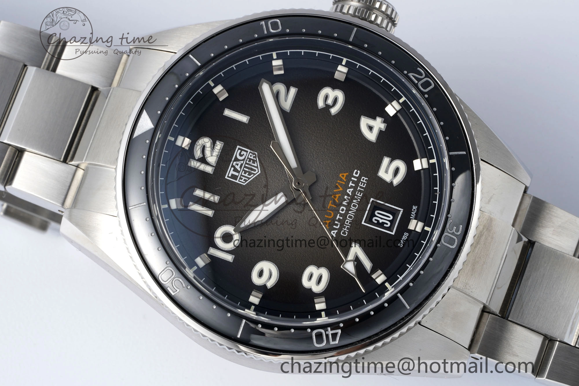 Classic Autavia SS 42mm TARF 1:1 Best Edition Gray Dial Black Ceramic Bezel on SS Bracelet SW 9656