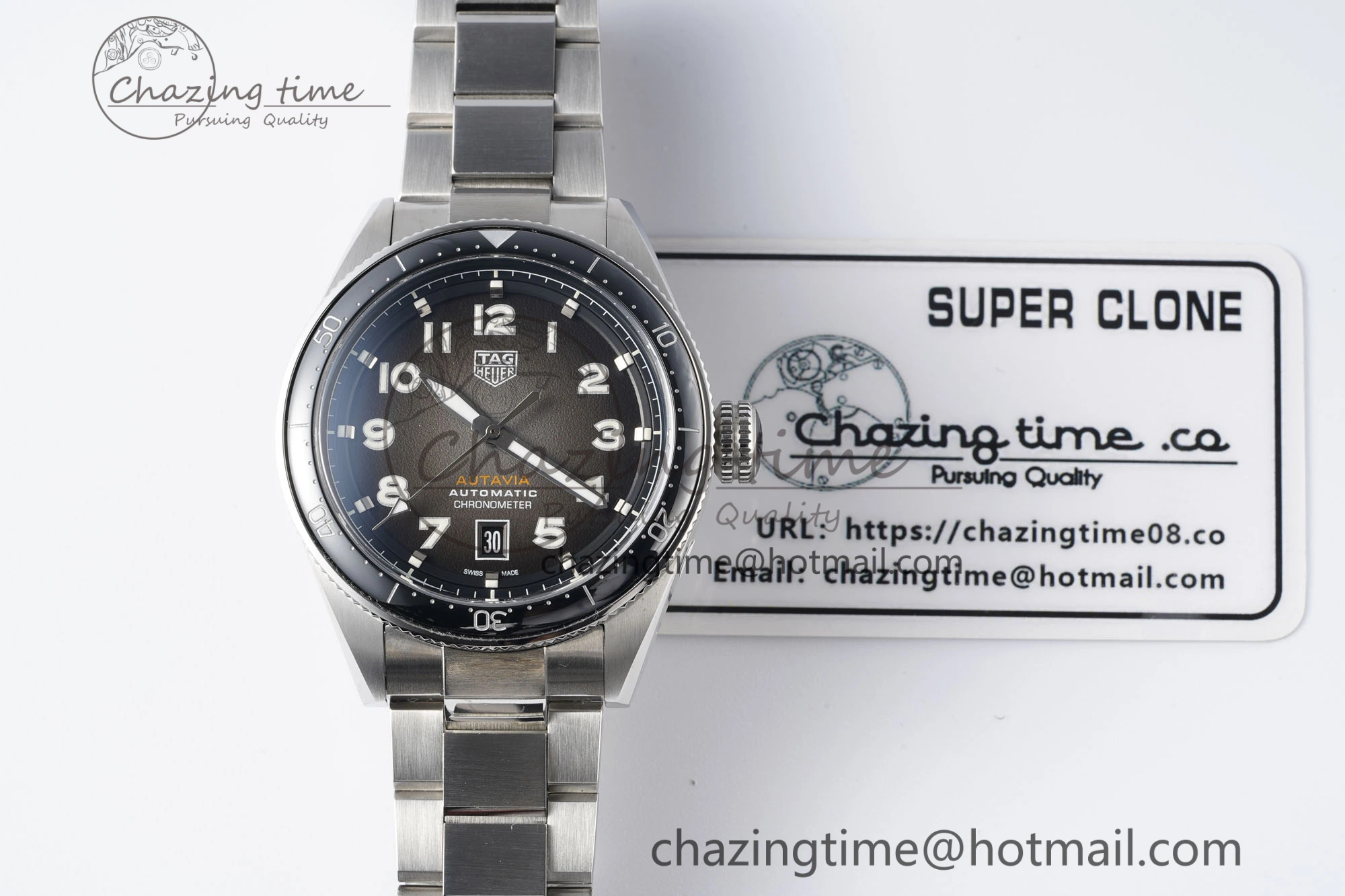 Classic Autavia SS 42mm TARF 1:1 Best Edition Gray Dial Black Ceramic Bezel on SS Bracelet SW 9656