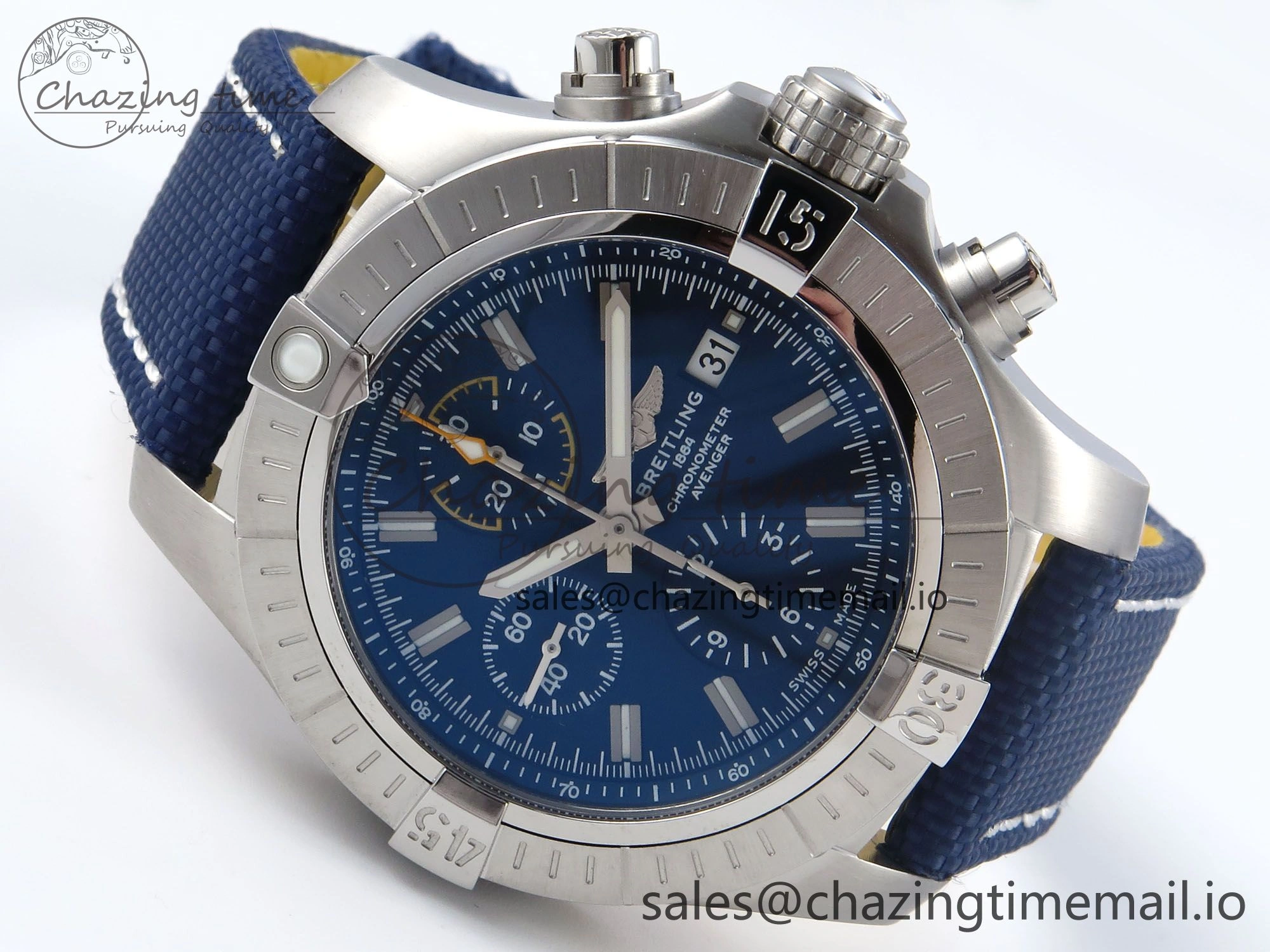 TechFriendly Avenger Chrono 45mm SS TF 1:1 Best Edition Blue Dial on Blue Nylon Strap A 5431