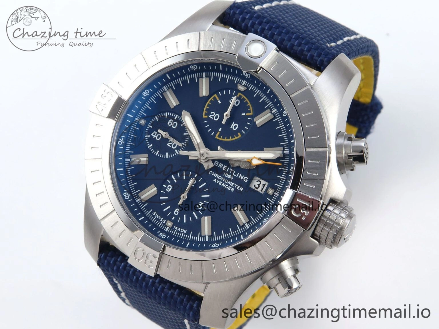 TechFriendly Avenger Chrono 45mm SS TF 1:1 Best Edition Blue Dial on Blue Nylon Strap A 5431