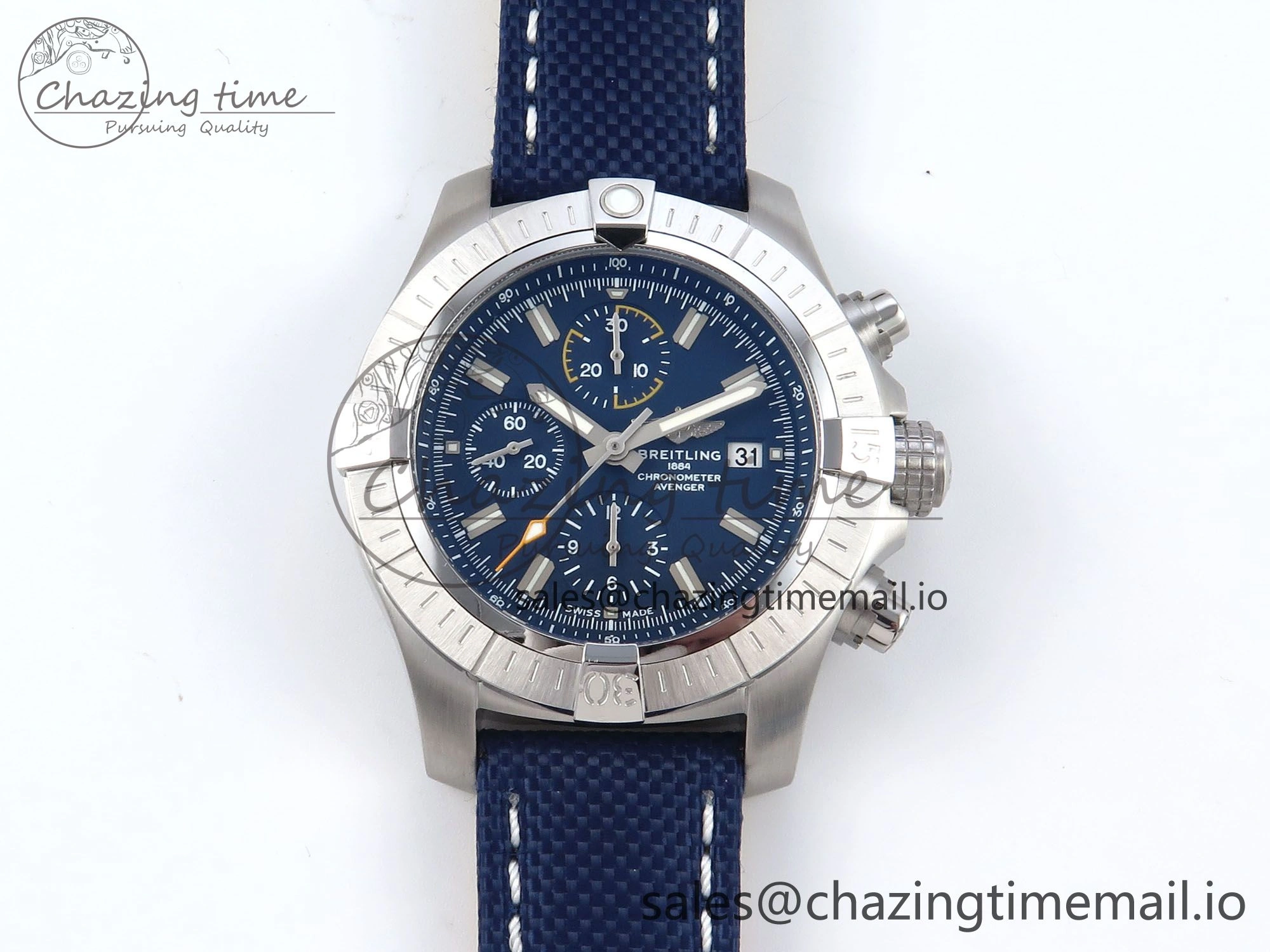 TechFriendly Avenger Chrono 45mm SS TF 1:1 Best Edition Blue Dial on Blue Nylon Strap A 5431