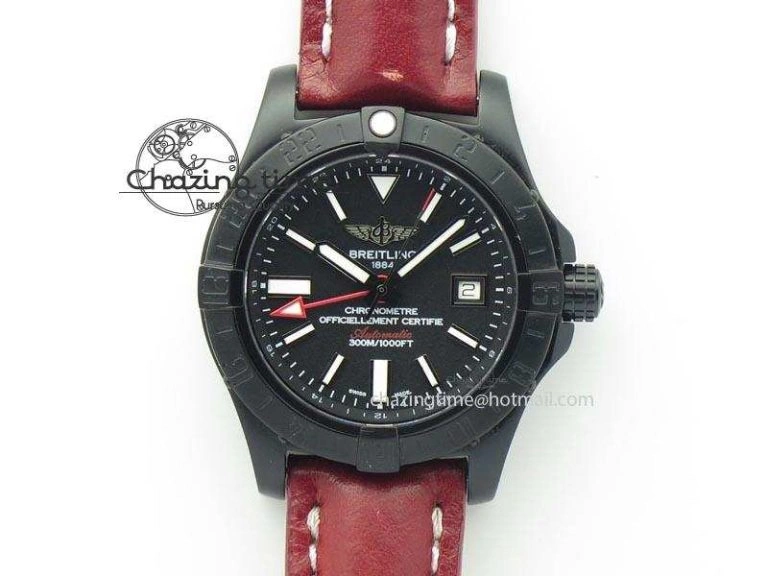 Flexible Avenger GMT DLC Black Stick Marker Textured Dial Black Inner Bezel On Leather Strap A 5767