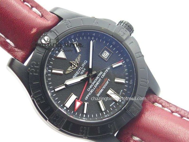 Flexible Avenger GMT DLC Black Stick Marker Textured Dial Black Inner Bezel On Leather Strap A 5767