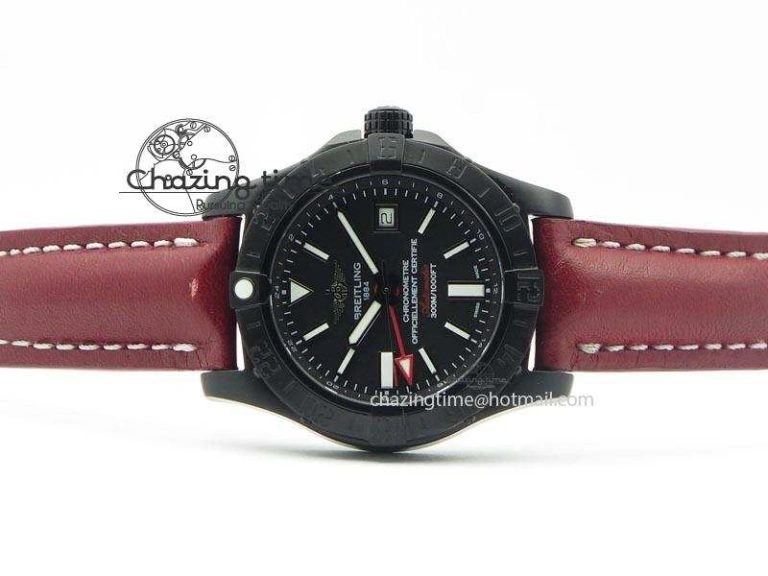 Flexible Avenger GMT DLC Black Stick Marker Textured Dial Black Inner Bezel On Leather Strap A 5767