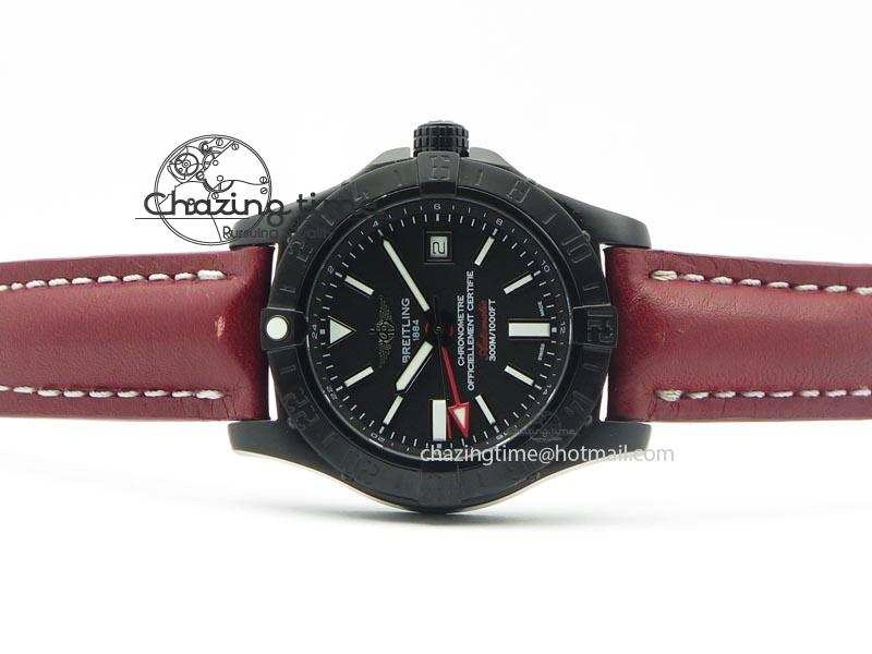 Flexible Avenger GMT DLC Black Stick Marker Textured Dial Black Inner Bezel On Leather Strap A 5767