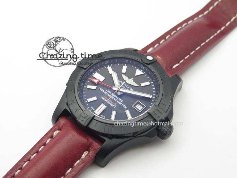 Flexible Avenger GMT DLC Black Stick Marker Textured Dial Black Inner Bezel On Leather Strap A 5767