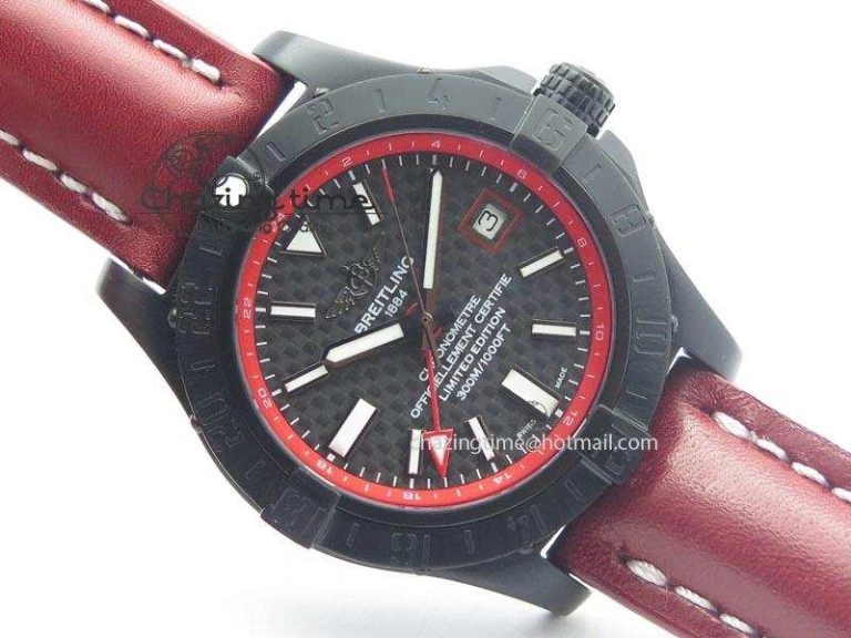 Avenger GMT DLC Black Stick Marker Textured Dial Red Inner Bezel On Leather Strap A Cozy 5768