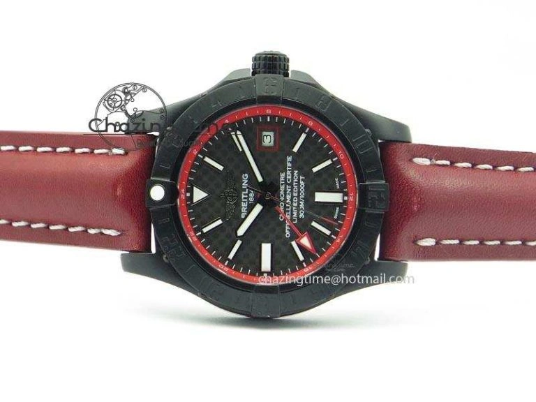 Avenger GMT DLC Black Stick Marker Textured Dial Red Inner Bezel On Leather Strap A Cozy 5768