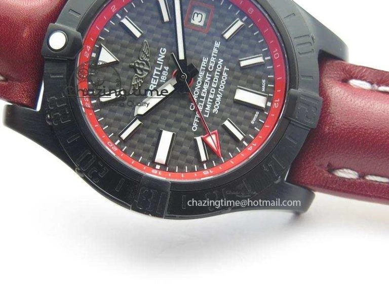 Avenger GMT DLC Black Stick Marker Textured Dial Red Inner Bezel On Leather Strap A Cozy 5768