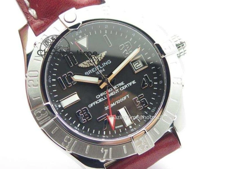 Avenger II GMT SS Black Dial Arabic Numerals Markers On Leather Strap A Refined 5778