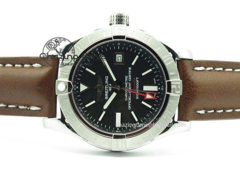 WaterResistant Avenger II GMT SS Black Dial On Brown Leather Strap A 5779