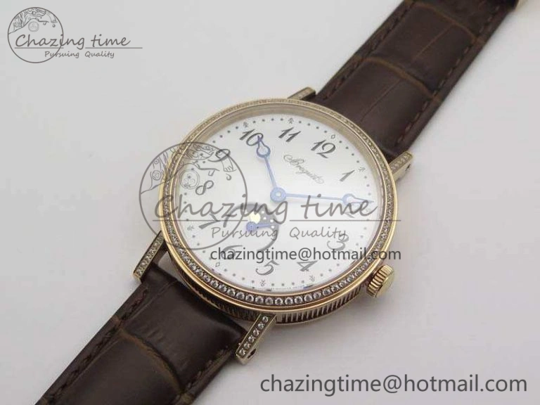 BG 9087BB Moonphase RG 1:1 Best Edition White Dial Diamond Bezel On Brown Leather Strap Cal. TechFriendly 5371