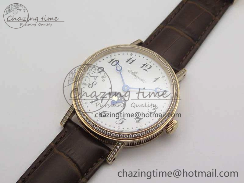 BG 9087BB Moonphase RG 1:1 Best Edition White Dial Diamond Bezel On Brown Leather Strap Cal. TechFriendly 5371