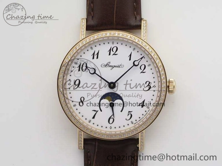 BG 9087BB Moonphase RG 1:1 Best Edition White Dial Diamond Bezel On Brown Leather Strap Cal. TechFriendly 5371
