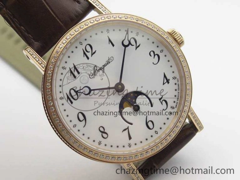 BG 9087BB Moonphase RG 1:1 Best Edition White Dial Diamond Bezel On Brown Leather Strap Cal. TechFriendly 5371