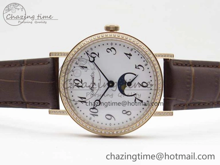 BG 9087BB Moonphase RG 1:1 Best Edition White Dial Diamond Bezel On Brown Leather Strap Cal. TechFriendly 5371
