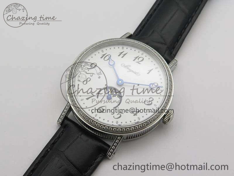 BestValue BG 9087BB Moonphase SS 1:1 Best Edition White Dial Diamond Bezel On Black Leather Strap Cal. 5367