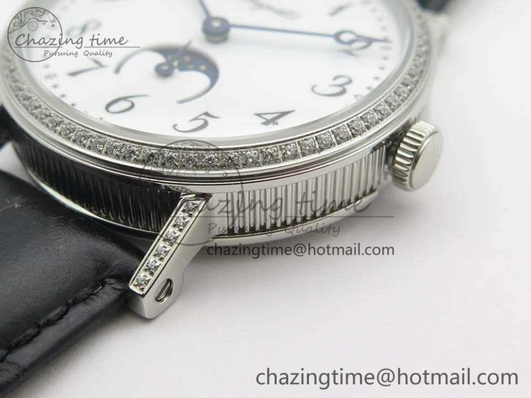 BestValue BG 9087BB Moonphase SS 1:1 Best Edition White Dial Diamond Bezel On Black Leather Strap Cal. 5367