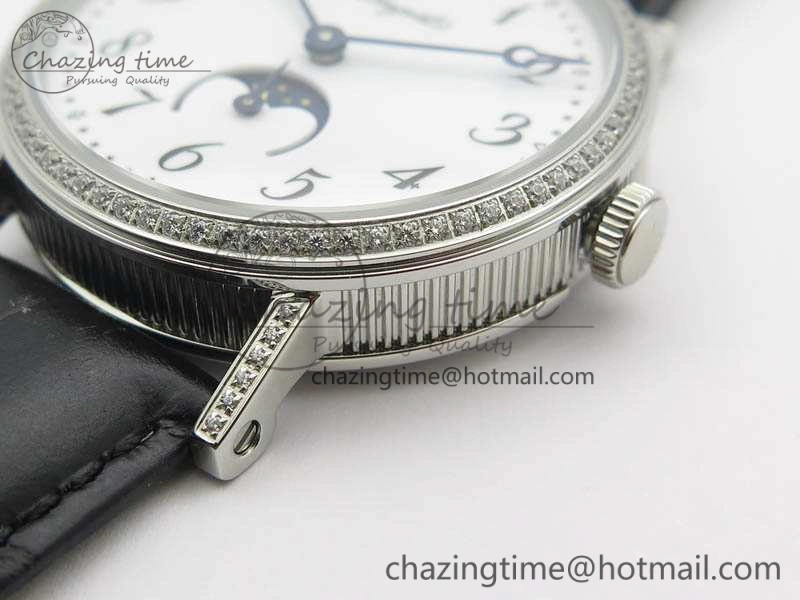 BestValue BG 9087BB Moonphase SS 1:1 Best Edition White Dial Diamond Bezel On Black Leather Strap Cal. 5367