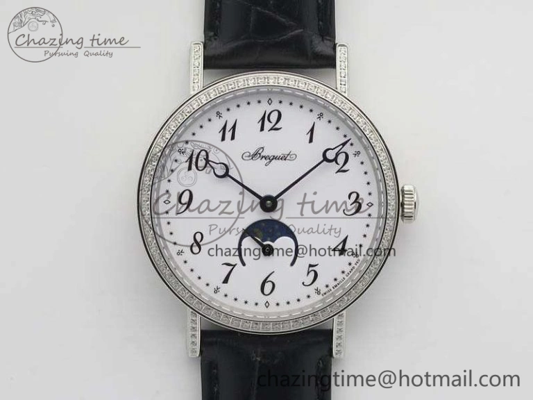 BestValue BG 9087BB Moonphase SS 1:1 Best Edition White Dial Diamond Bezel On Black Leather Strap Cal. 5367