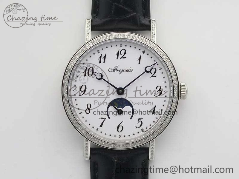 BestValue BG 9087BB Moonphase SS 1:1 Best Edition White Dial Diamond Bezel On Black Leather Strap Cal. 5367