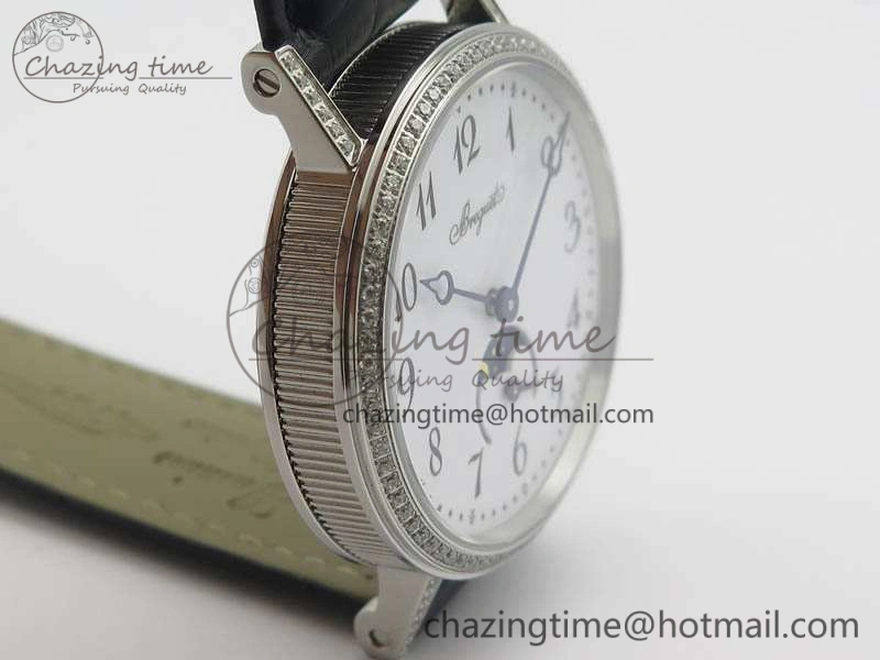 BestValue BG 9087BB Moonphase SS 1:1 Best Edition White Dial Diamond Bezel On Black Leather Strap Cal. 5367
