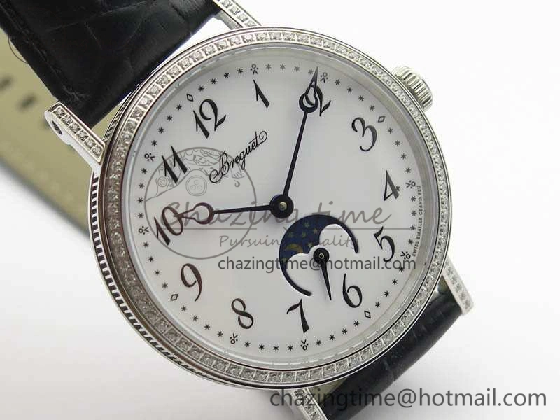 BestValue BG 9087BB Moonphase SS 1:1 Best Edition White Dial Diamond Bezel On Black Leather Strap Cal. 5367