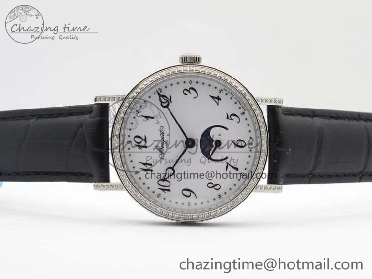 BestValue BG 9087BB Moonphase SS 1:1 Best Edition White Dial Diamond Bezel On Black Leather Strap Cal. 5367