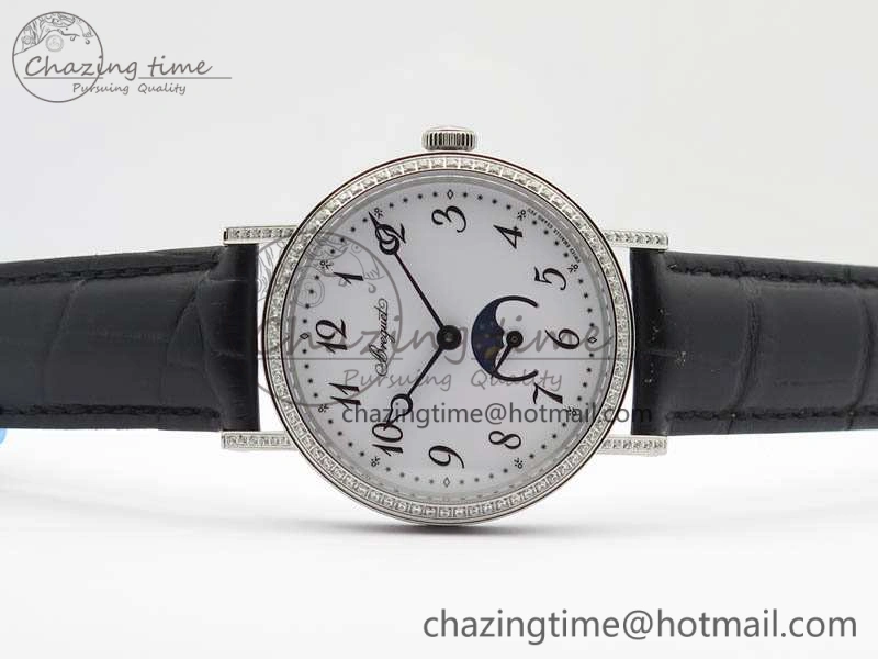 BestValue BG 9087BB Moonphase SS 1:1 Best Edition White Dial Diamond Bezel On Black Leather Strap Cal. 5367