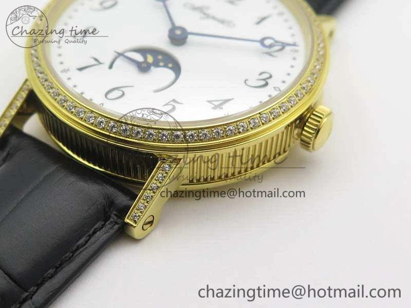 BG 9087BB Moonphase YG 1:1 Best Edition White Dial Diamond Bezel On Black Leather Strap Cal. GoAnywhere 5369