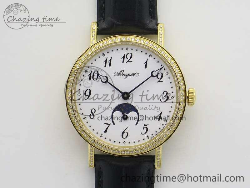 BG 9087BB Moonphase YG 1:1 Best Edition White Dial Diamond Bezel On Black Leather Strap Cal. GoAnywhere 5369