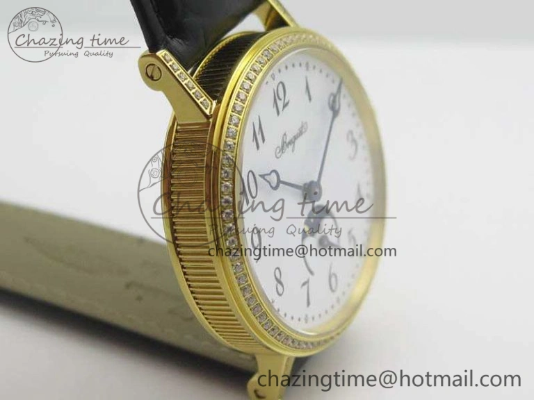 BG 9087BB Moonphase YG 1:1 Best Edition White Dial Diamond Bezel On Black Leather Strap Cal. GoAnywhere 5369