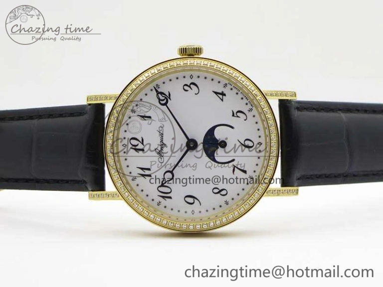 BG 9087BB Moonphase YG 1:1 Best Edition White Dial Diamond Bezel On Black Leather Strap Cal. GoAnywhere 5369