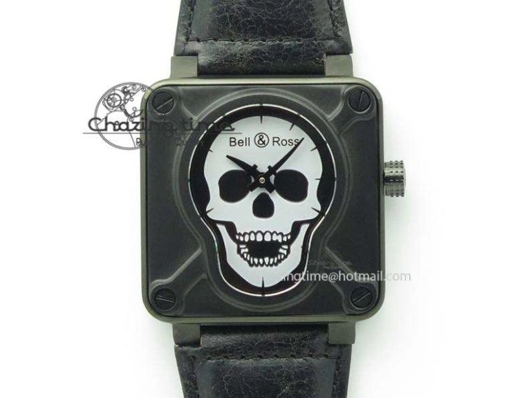 BR 01-92 Airborne Skull PVD Grey Dial On Black Leather Strap MIYOTA 9015 (Free Rubber Strap) Flexible 5240