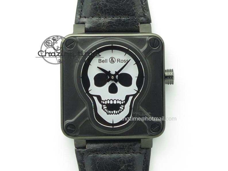 BR 01-92 Airborne Skull PVD Grey Dial On Black Leather Strap MIYOTA 9015 (Free Rubber Strap) Flexible 5240