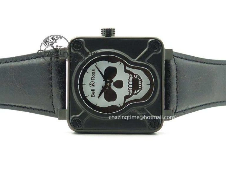 BR 01-92 Airborne Skull PVD Grey Dial On Black Leather Strap MIYOTA 9015 (Free Rubber Strap) Flexible 5240