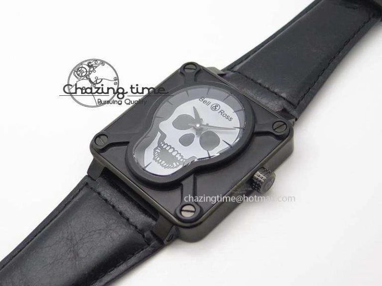 BR 01-92 Airborne Skull PVD Grey Dial On Black Leather Strap MIYOTA 9015 (Free Rubber Strap) Flexible 5240