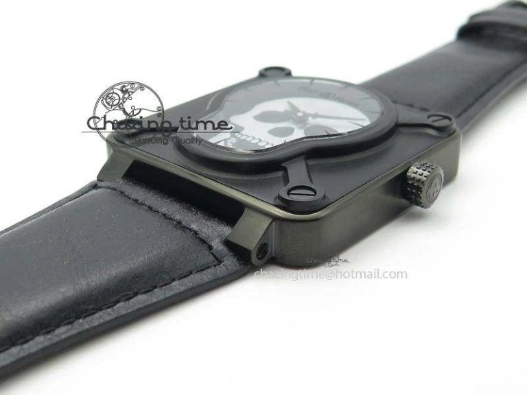 BR 01-92 Airborne Skull PVD Grey Dial On Black Leather Strap MIYOTA 9015 (Free Rubber Strap) Flexible 5240