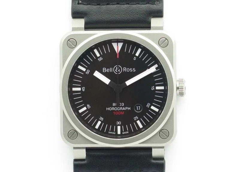 BR 03-92 Horograph Satin-Polished Steel Black Dial On Leather Strap MIYOTA 9015 (Free Nylon Strap) FlexibleFit 5219
