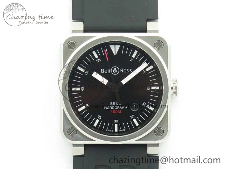 SmoothTexture BR 03-92 Horograph Satin Polished Steel Black Dial On Rubber Strap MIYOTA 9015 (Free Nylon Strap) V 5201