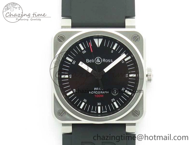SmoothTexture BR 03-92 Horograph Satin Polished Steel Black Dial On Rubber Strap MIYOTA 9015 (Free Nylon Strap) V 5201