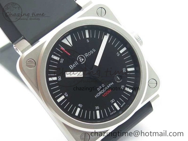 SmoothTexture BR 03-92 Horograph Satin Polished Steel Black Dial On Rubber Strap MIYOTA 9015 (Free Nylon Strap) V 5201