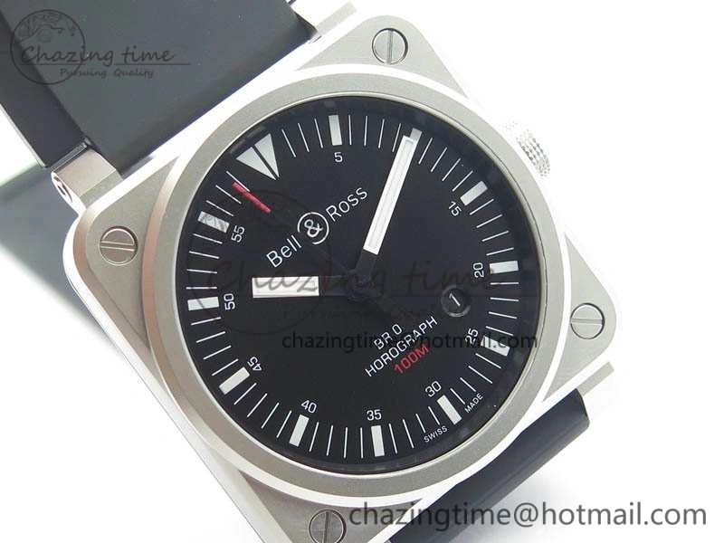 SmoothTexture BR 03-92 Horograph Satin Polished Steel Black Dial On Rubber Strap MIYOTA 9015 (Free Nylon Strap) V 5201