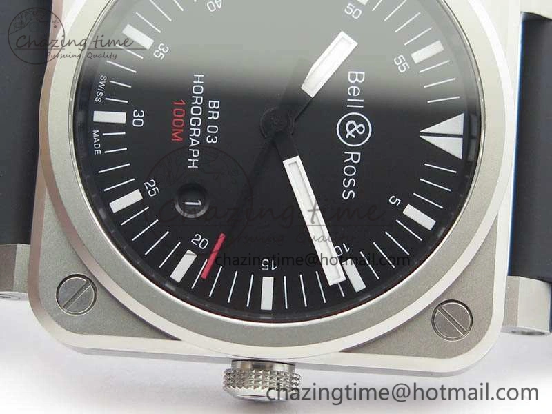 SmoothTexture BR 03-92 Horograph Satin Polished Steel Black Dial On Rubber Strap MIYOTA 9015 (Free Nylon Strap) V 5201