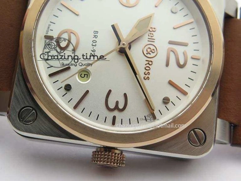 EasyCare BR 03-92 SS 42MM White Dial RG Bezel On Brown Leather Strap MIYOTA 5231