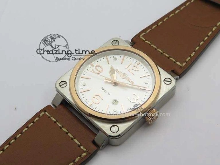 EasyCare BR 03-92 SS 42MM White Dial RG Bezel On Brown Leather Strap MIYOTA 5231