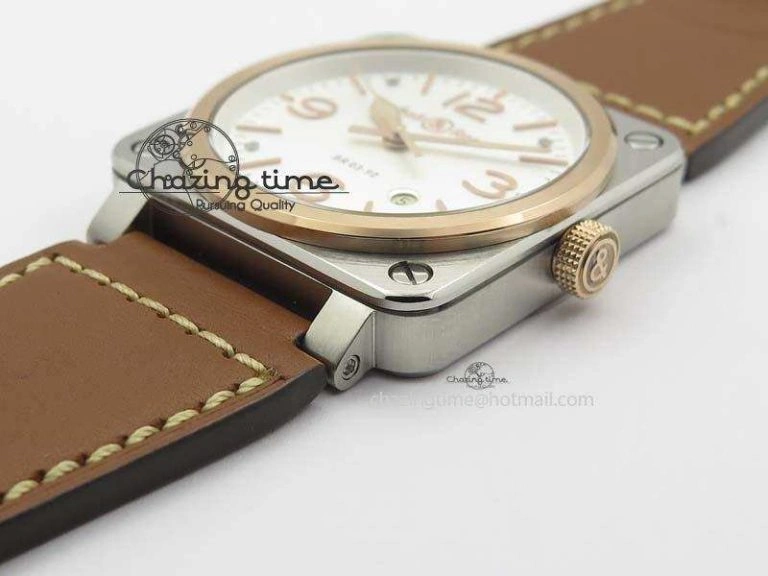 EasyCare BR 03-92 SS 42MM White Dial RG Bezel On Brown Leather Strap MIYOTA 5231