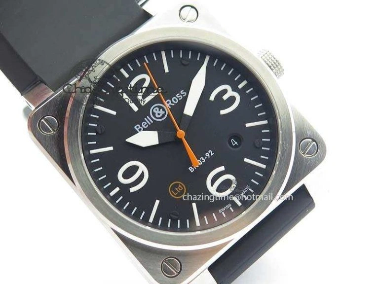 BR 03-92 SS Black Dial (Orange Sec Hand) 42MM On Black Rubber Strap MIYOTA Original 5234