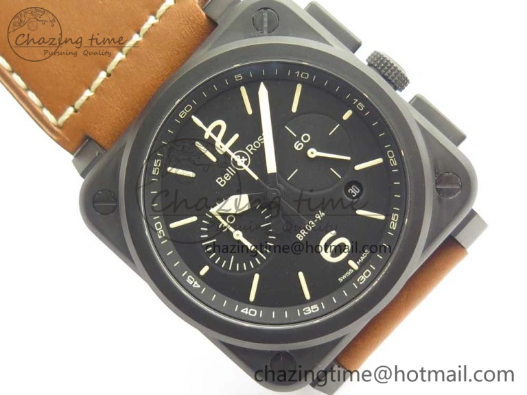 BR 03-94 Chrono PVD Black Dial Yellow Markers on Brown Leather Strap A7750 (Free Nylon Strap) Lightweight 4869